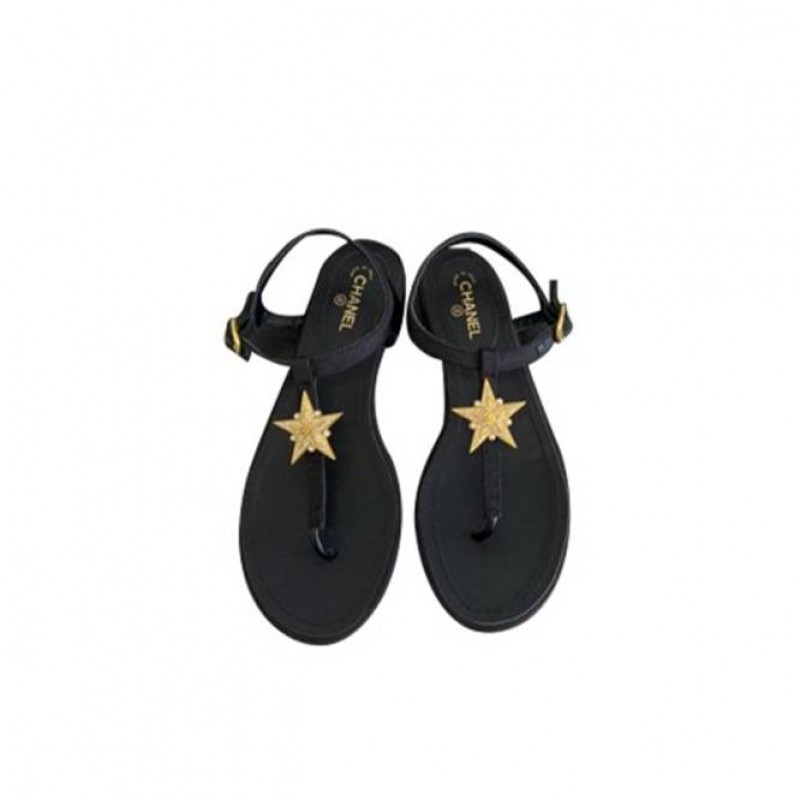 CHANEL LEATHER WOMEN’S SANDALS BLACK GOLD STARLIKE HARDWARE