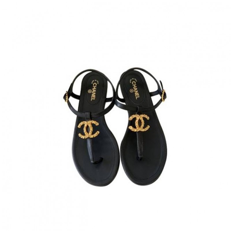 CHANEL LEATHER WOMEN’S SANDALS BLACK GOLD HARDWARE