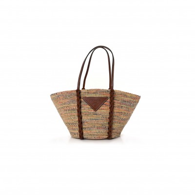 PRADA PAGLIA VITELLO WOVEN BRAIDED BASKET TOTE MULTICOLOR COGNAC 1BG312_2DIF_F00J7_V_IOM (25*25*14cm)