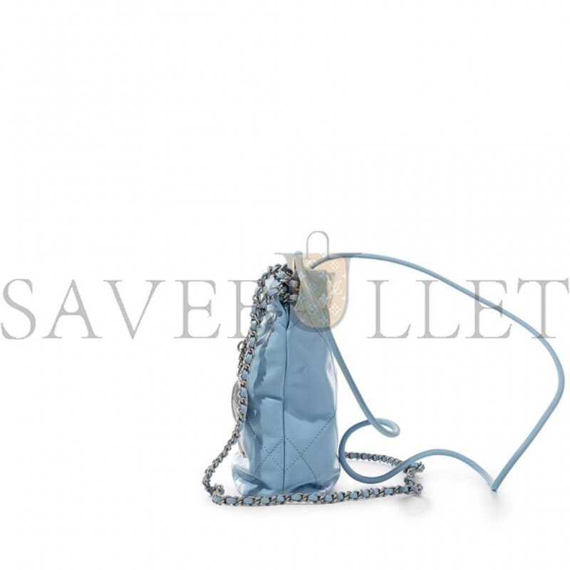 CHANEL LIGHT BLUE QUILTED CALFSKIN MINI 22 BAG SILVER HARDWARE AS3980 (20*19*6cm)