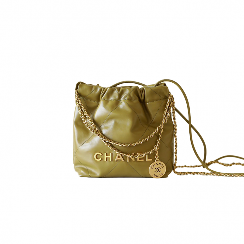 CHANEL MASTER 22 MINI BAG OLIVE SHINY CRUMPLED CALFSKIN AGED GOLD HARDWARE AS3980 (20*19*6cm)