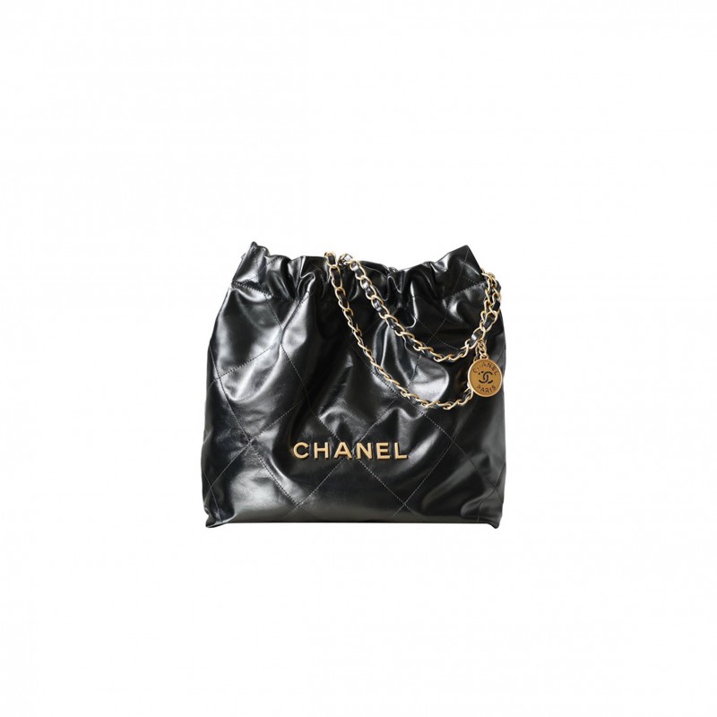 CHANEL MASTER 22 SMALL HANDBAG SHINY CALFSKIN GOLD-TONE METALLIC BLACK AS3260 (37*35*7cm)