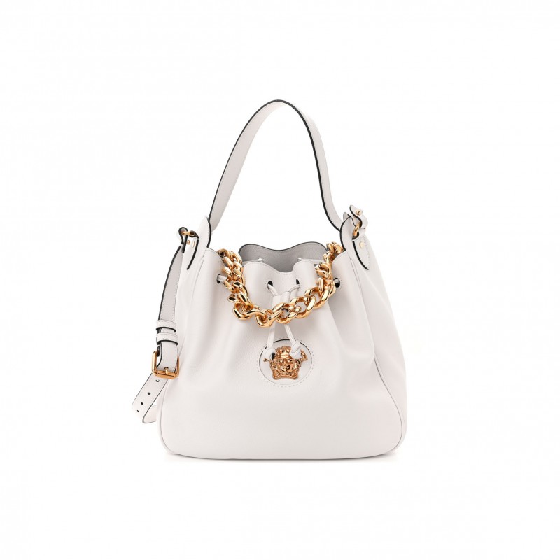 VERSACE GRAINED CALFSKIN LA MEDUSA BUCKET BAG OPTICAL WHITE  (29*28*13cm)