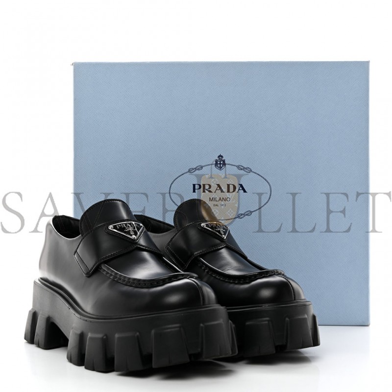 PRADA SPAZZOLATO ROIS METAL TRIANGLE LOGO MONOLITH 55MM LOAFERS 39 BLACK