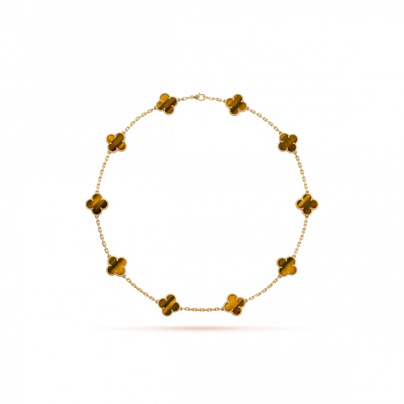 VAN CLEEF ARPELS VINTAGE ALHAMBRA NECKLACE, 10 MOTIFS - YELLOW GOLD, TIGER EYE  VCARD40700