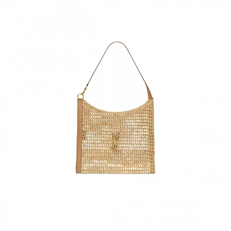 YSL OXALIS RAFFIA CROCHET AND VEGETABLE-TANNED LEATHER HANDBAG 773984GAAEB9718 (46*38*3cm)