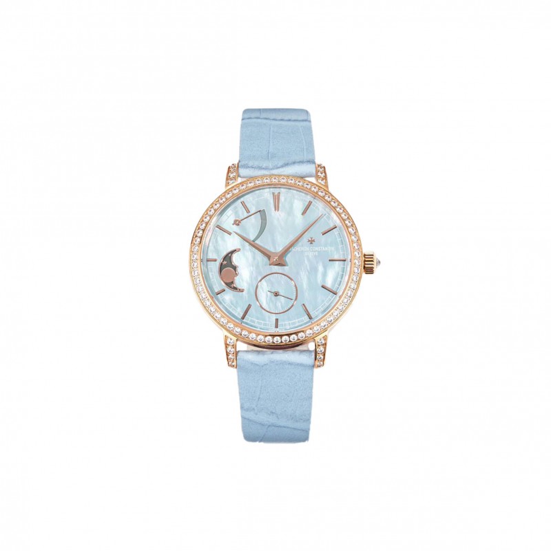 VACHERON CONSTANTIN TRADITIONELLE MOON PHASE BLUE MOP DIAL WITH DIAMOND BEZEL IN PINK GOLD ON BLUE LEATHER STRAP WATCH 83570/000R-9915