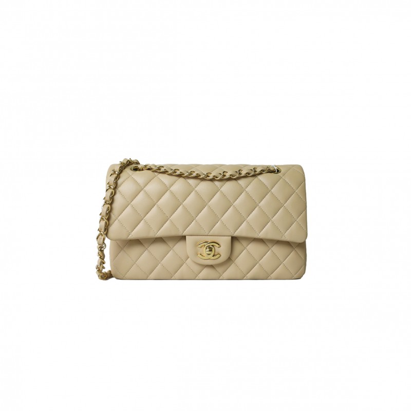 CHANEL CLASSIC MEDIUM, BEIGE CLAIR LAMBSKIN WITH GOLD HARDWARE AS1112 (25.5*15*7cm)