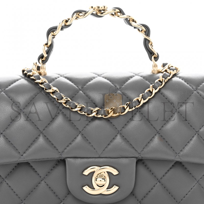 CHANEL LAMBSKIN QUILTED MINI CHAIN TOP HANDLE RECTANGULAR FLAP GREY AS2431 (20*12*6cm)