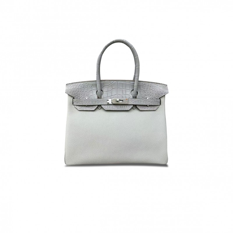 HERMES MASTER BIRKIN 25 CROCODILE PEARL GREY WITH TOGO SILVER BUCKLE 40110812 (25*20*13cm)