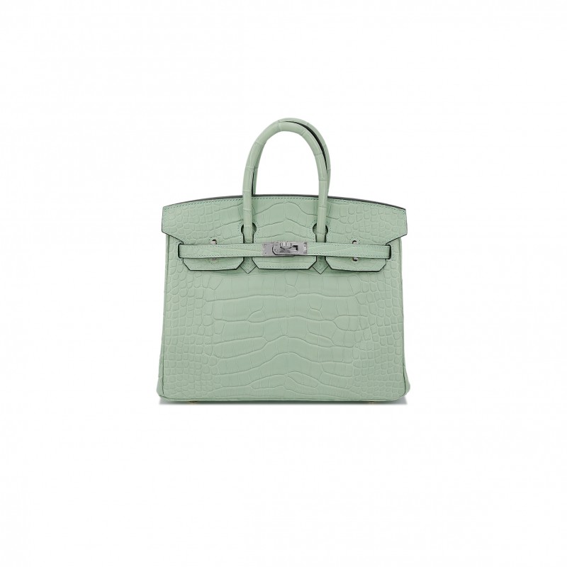 HERMES MASTER BIRKIN 25 MINT GREEN ALLIGATOR MATT SILVER BUCKLE BAG 7419337628 (25*20*13cm)