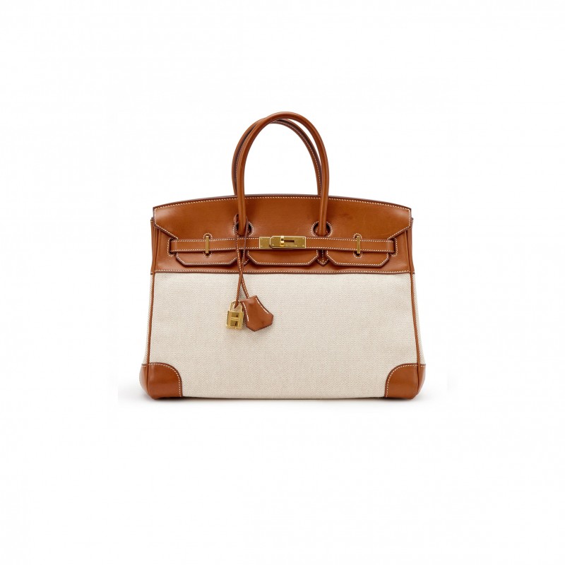 HERMES BIRKIN 30 SADDLE LEATHER CANVAS GOLD BUCKLE BAG 400190654 (30*22*15cm)