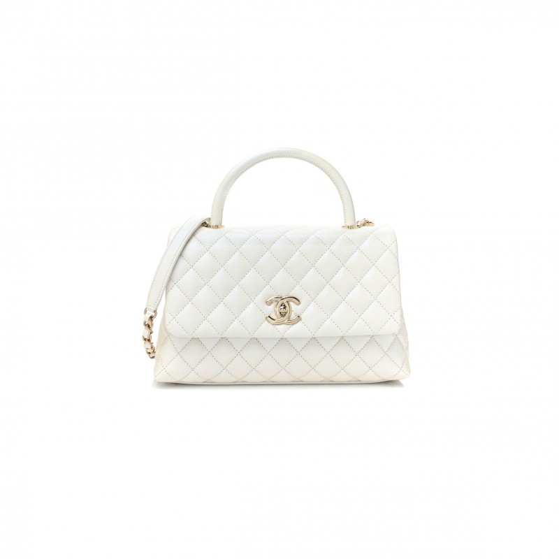 CHANEL IRIDESCENT CAVIAR QUILTED MEDIUM COCO HANDLE FLAP WHITE (29*18*12cm) 