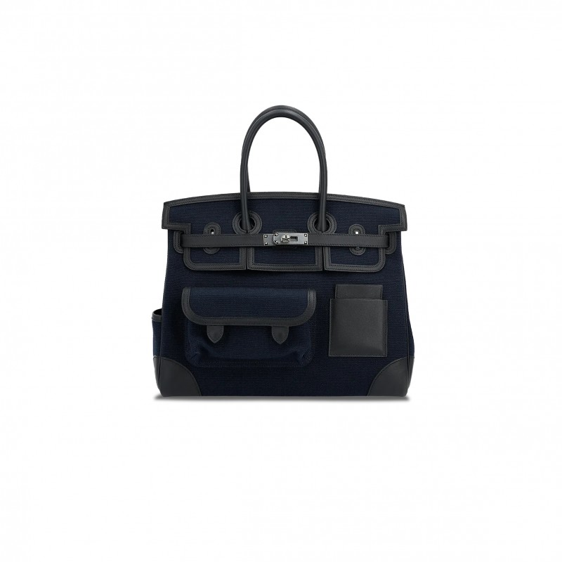 HERMES MASTER BIRKIN 35 SWIFT LEATHER CANVAS MIDNIGHT BLUE BLACK SILVER BUCKLE BAG 10027134 (35*27*18cm)