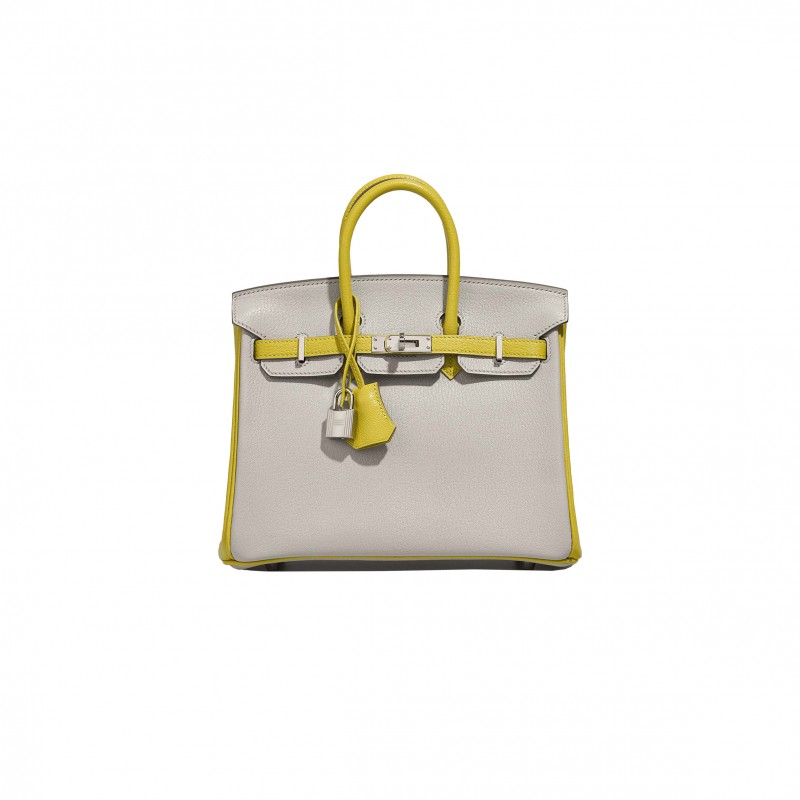 HERMÈS BIRKIN 25 SWIFT LEATHER PEARL GREY LEMON YELLOW SILVER BUCKLE BAG 3237 (25*20*13cm)