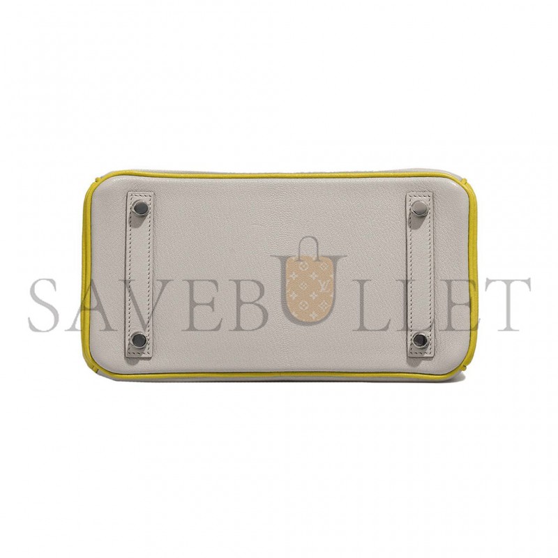 HERMÈS BIRKIN 25 SWIFT LEATHER PEARL GREY LEMON YELLOW SILVER BUCKLE BAG 3237 (25*20*13cm)