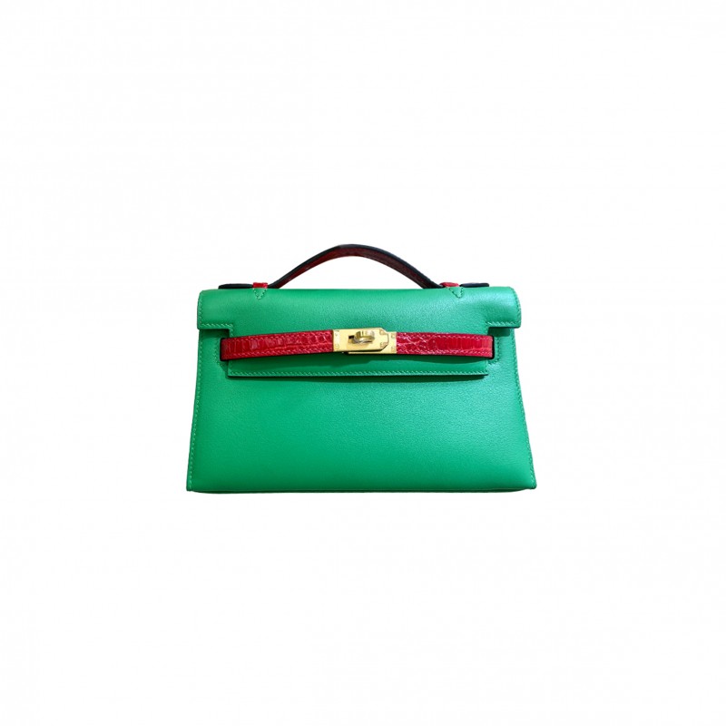 HERMES MASTER MINI KELLY SWIFT BAMBOO GREEN FERRARI RED CROCODILE SKIN (22*14*7cm) 