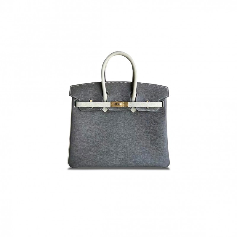 HERMES BIRKIN 25 TOGO LEATHER ASPHALT GREY AND MILKSHAKE WHITE GOLD BUCKLE BAG H028365CC09 (25*20*13cm)