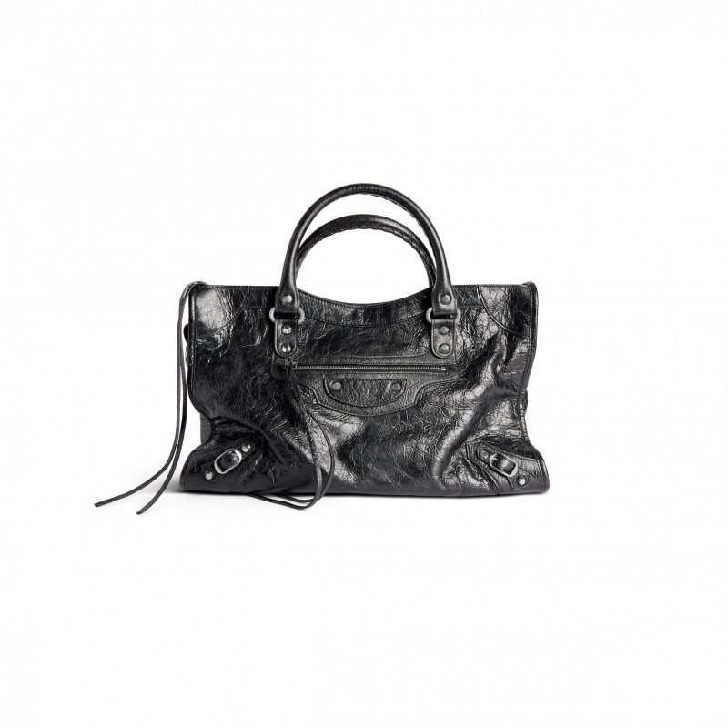 BALENCIAGA LE CITY MEDIUM BAG IN BLACK ARENA LAMBSKIN, SHINY SILVER HARDWARE 7977862AA9S1000 (29.9*19.1*9.9cm)