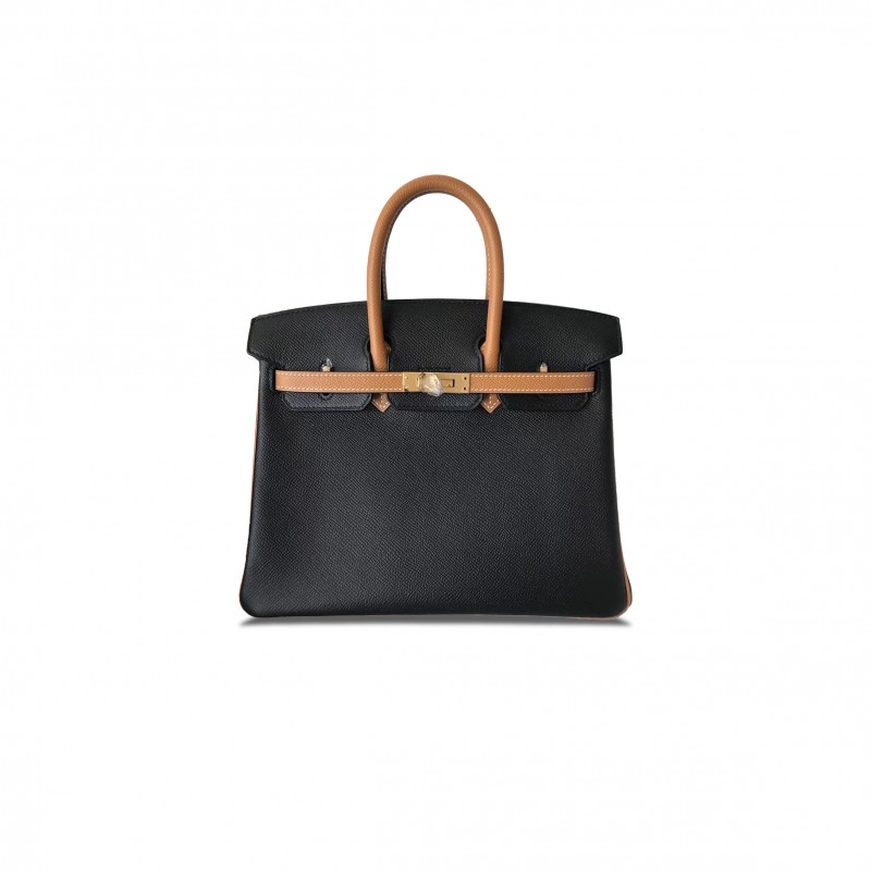 HERMES BIRKIN 25 EPSOM BLACK AND GOLD BROWN GOLD BUCKLE BAG H028368CK9S (25*20*13cm)