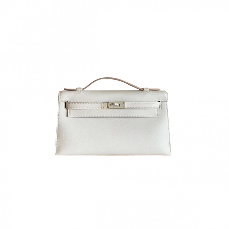 HERMÈS KELLY CLUTCH SWIFT M4 MILK GRAY SILVER (22*14*7cm) 