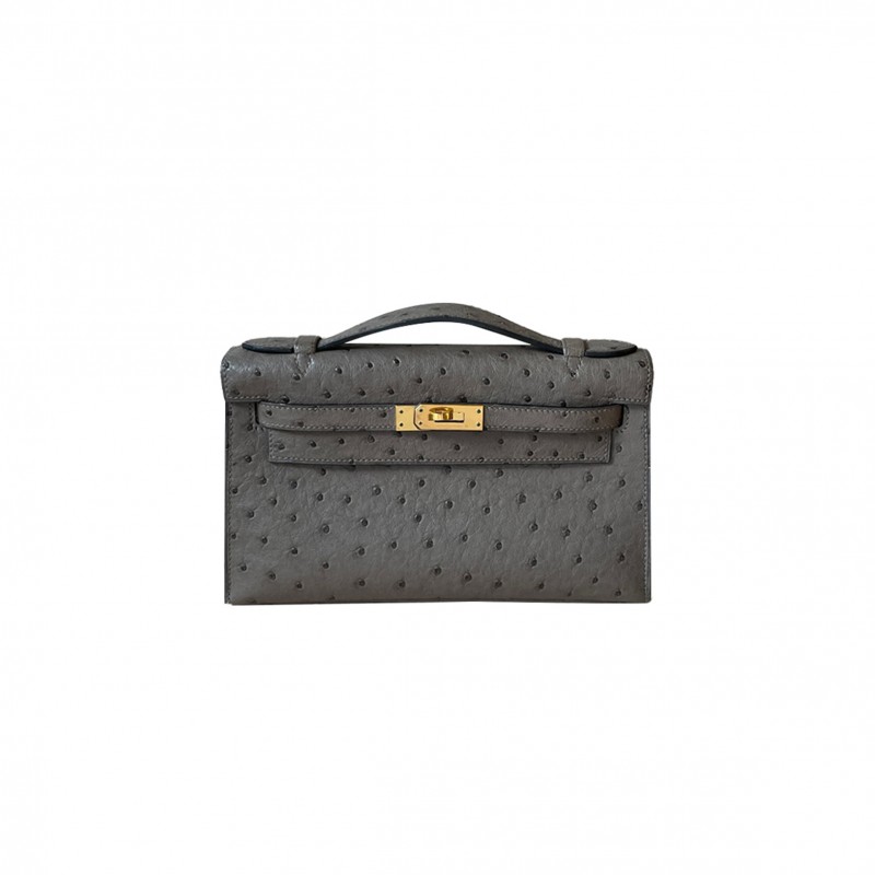 HERMÈS MASTER MINI KELLY GRAPHITE OSTRICH LEATHER SILVER BUCKLE (22*14*7cm) 