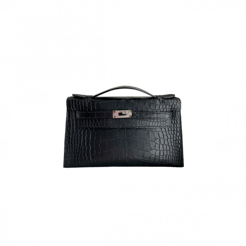 HERMÈS MASTER KELLY POCHETTE BAG MATTE BLACK CROCODILE CLUTCH PALLADIUM (22*14*7cm) 