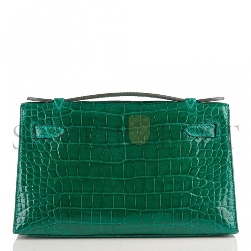HERMÈS MASTER EMERALD SHINY ALLIGATOR MINI KELLY POCHETTE (22*14*7cm) 