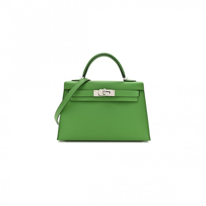 HERMÈS MINI KELLY II EPSOM GREEN SILVER BUCKLE (19*12*5.5cm) 