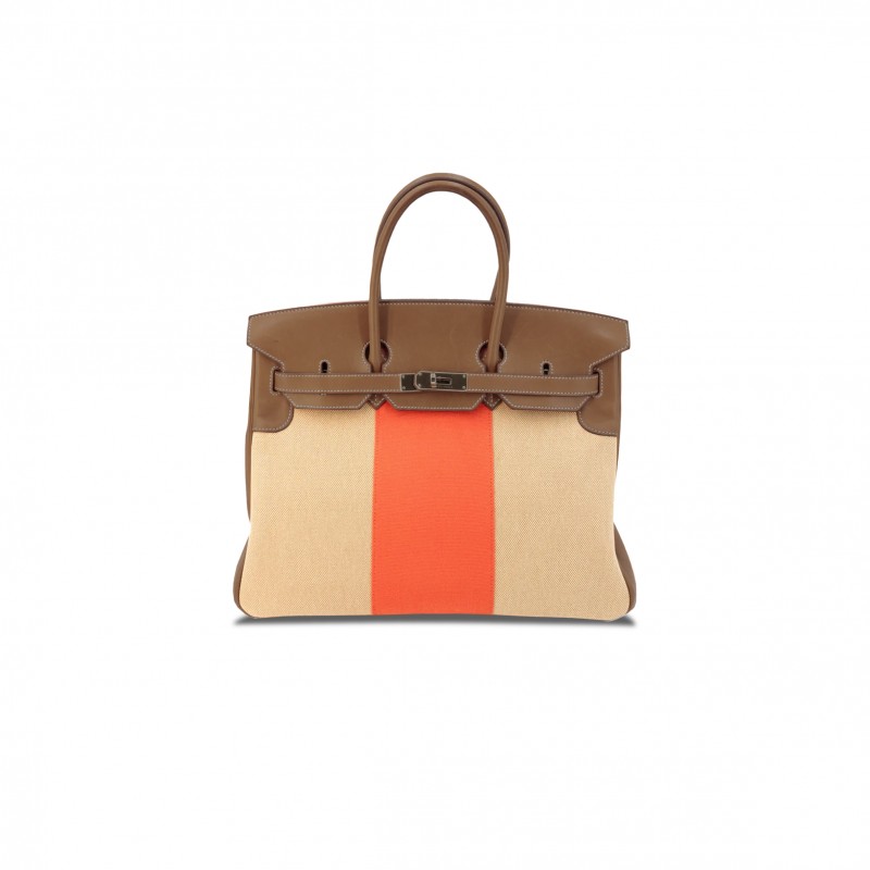 HERMÈS MASTER BIRKIN 30 SWIFT LEATHER CANVAS WITH ORANGE AND GOLDEN BROWN GOLD BUCKLE H082686CK21 (30*23*15cm)