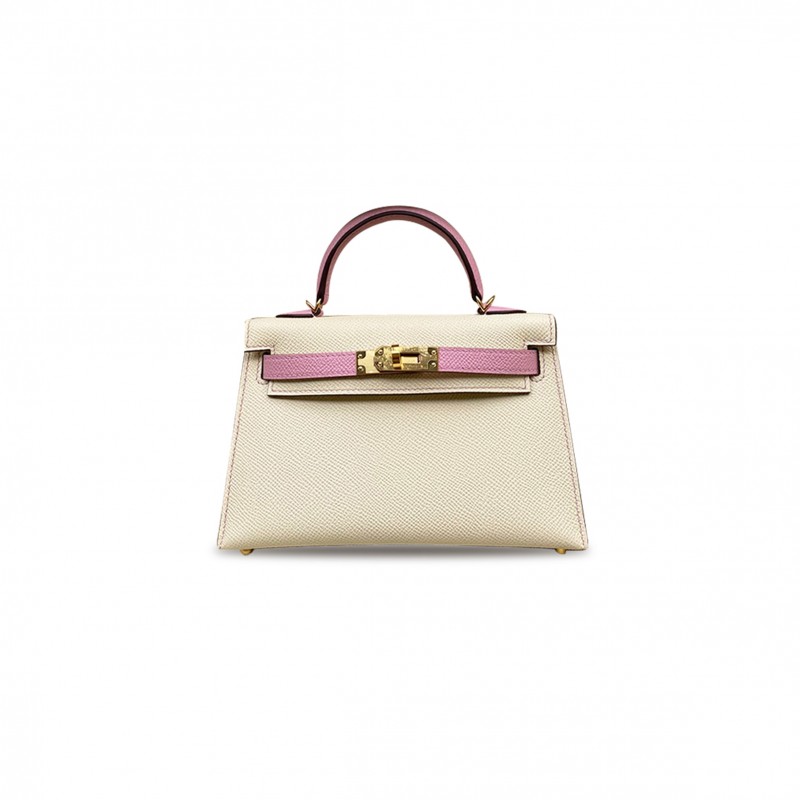 HERMÈS MASTER MINI KELLY II EPSOM CREAM WHITE MALLOW PURPLE GOLD BUCKLE (19*12*5.5cm)