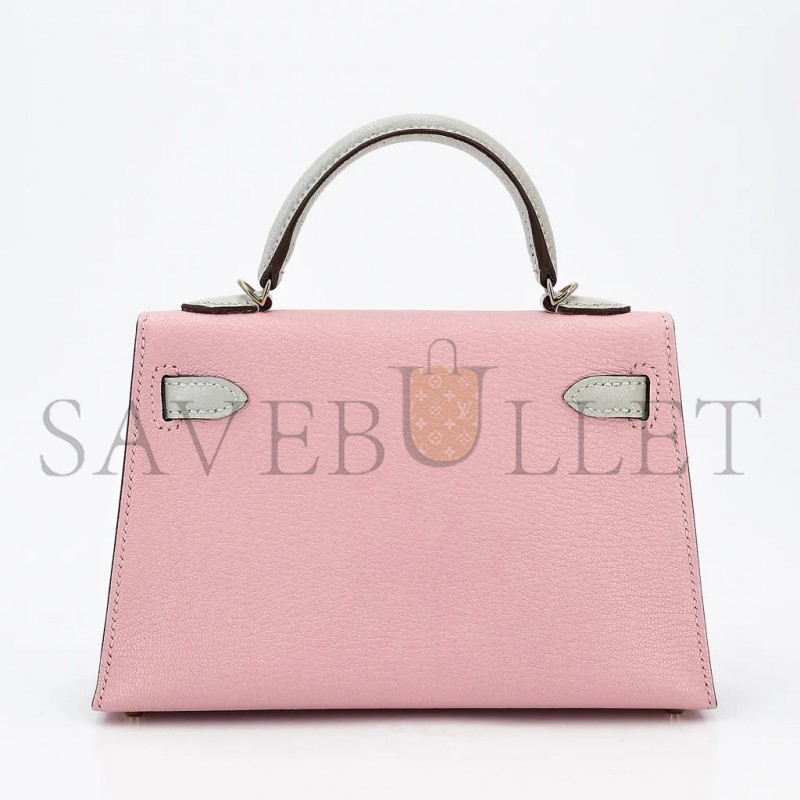 HERMÈS MINI KELLY II GOATSKIN CHERRY BLOSSOM PINK MILKSHAKE PLATINUM BUCKLE (19*12*5.5cm) 