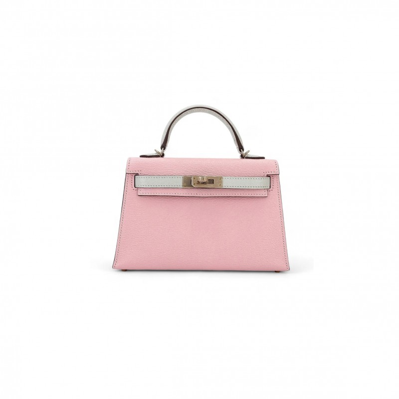 HERMÈS MINI KELLY II GOATSKIN CHERRY BLOSSOM PINK MILKSHAKE PLATINUM BUCKLE (19*12*5.5cm) 