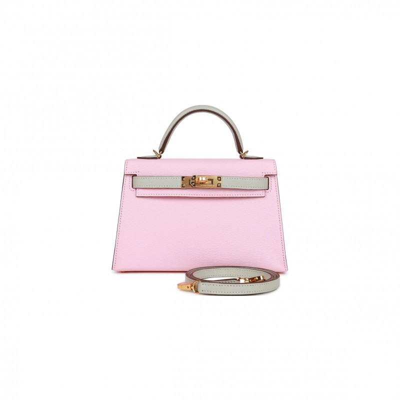 HERMÈS MINI KELLY II ROSE SAKURA AND GRIS PERLE CHEVRE GOLD HARDWARE (19*12*5.5cm) 