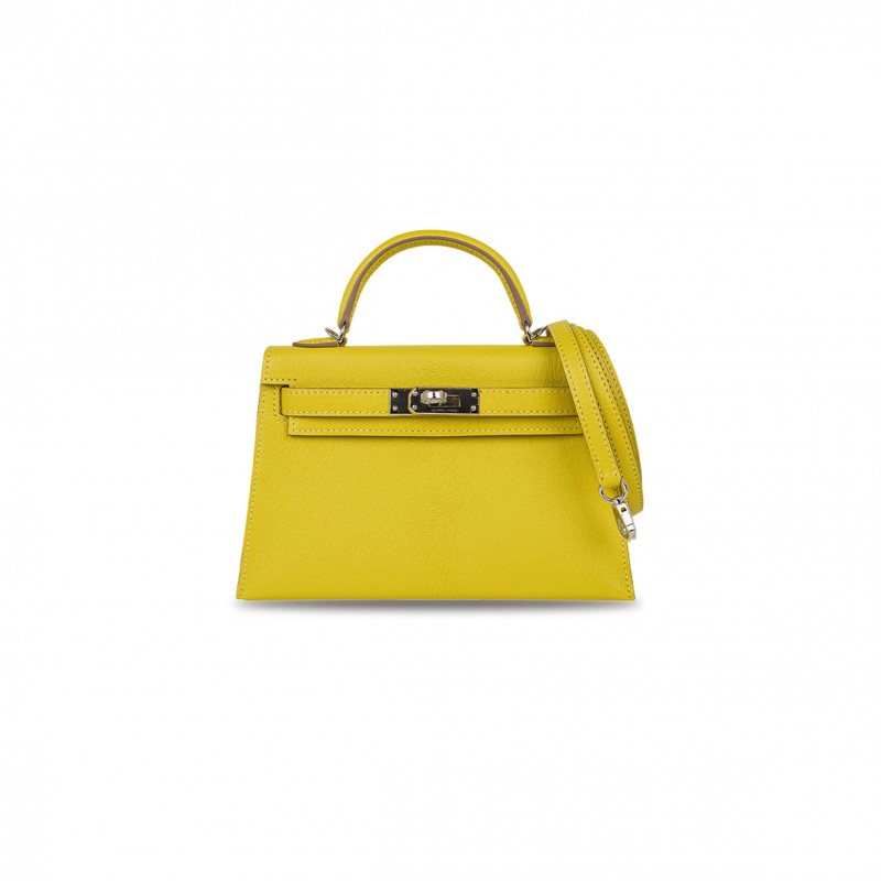 HERMÈS MINI KELLY II LIME CHEVRE LEATHER PALLADIUM HARDWARE (19*12*5.5cm) 