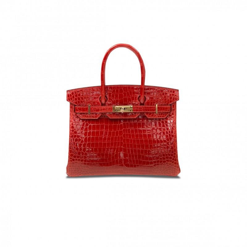 HERMÈS MASTER BIRKIN 25 CROCODILE LEATHER GLOSSY FLAG RED GOLD BUCKLE H041354CK6U (25*20*13cm)