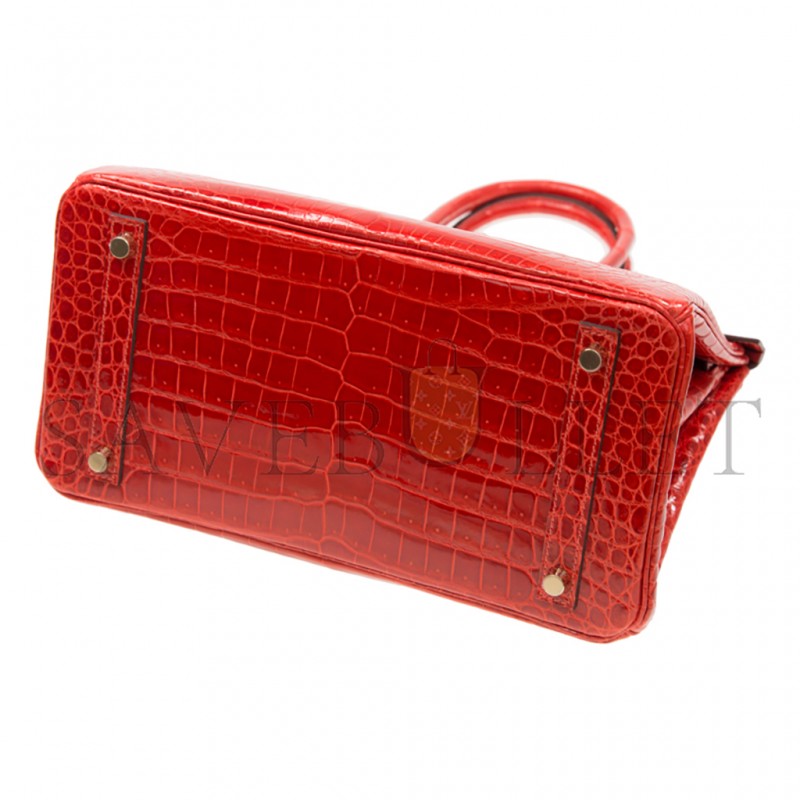 HERMÈS MASTER BIRKIN 25 CROCODILE LEATHER GLOSSY FLAG RED GOLD BUCKLE H041354CK6U (25*20*13cm)