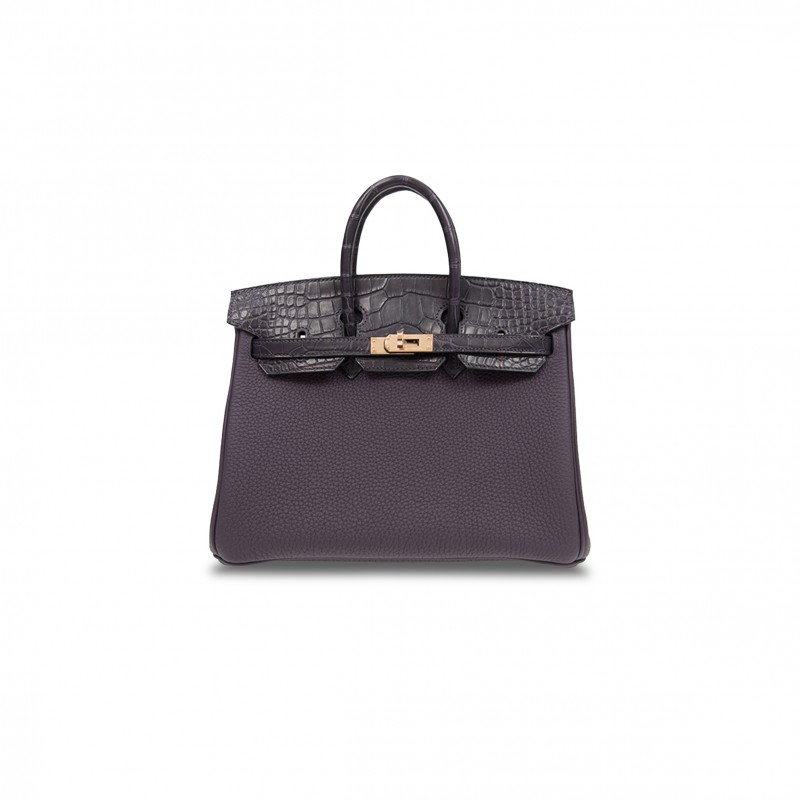 HERMÈS MASTER BIRKIN 25 CROCODILE AND TOGO LEATHER GRAPE PURPLE GOLD BUCKLE H076216CK19 (25*20*13cm)