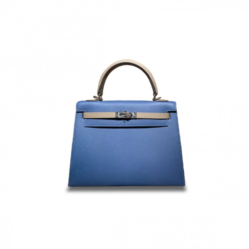 HERMÈS KELLY 25 EPSOM AGATE BLUE AND ARCTIC GRAY SILVER BUCKLE (25*17*7cm) 
