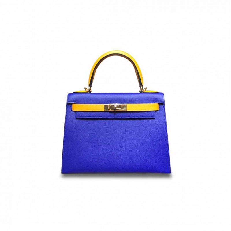 HERMÈS MASTER KELLY 28 EPSOM VERROU SOLAR YELLOW WITH ELECTRIC BLUE GOLD BUCKLE (28*22*10cm) 