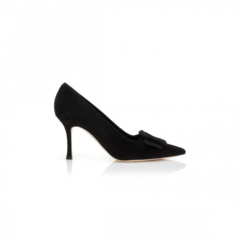MANOLO BLAHNIK MAYSALEPUMP 90 JET BLACK SUEDE BUCKLE DETAIL PUMPS 219-0174-0005 MANOLO BLAHNIK MAYSALEPUMP 90 JET BLACK SUEDE BUCKLE DETAIL PUMPS 219-0174-0005