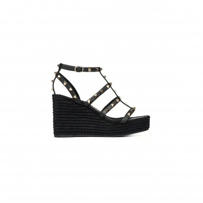 VALENTINO ROCKSTUD ANKLE STRAP WEDGE SANDAL IN CALFSKIN LEATHER 95MM 5W2S0F95BAE_0NO