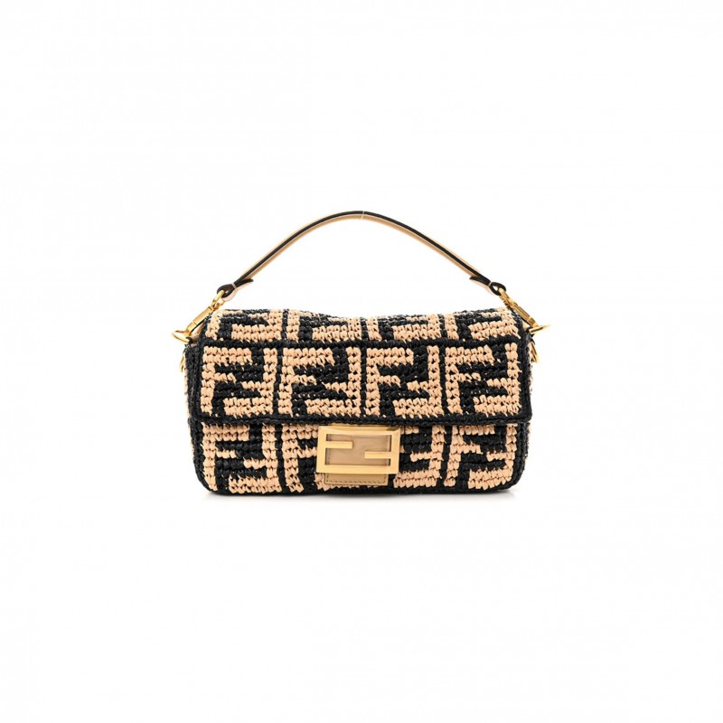FENDI RAFFIA VITELLO GRACE FF CROCHET BAGUETTE NATURAL BLACK PAGLIA (27*15*6cm) 