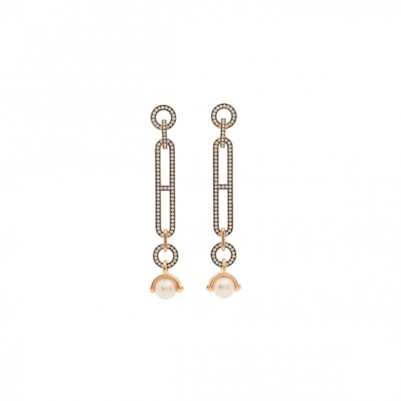 HERMÈS 18K ROSE GOLD DIAMOND PEARL PM CHANDRA DROP EARRINGS 