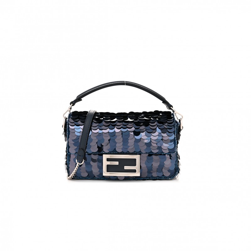 FENDI SEQUIN PAILLETTES VITELLO GRACE STRIPED MINI BAGUETTE DARK BLUE LUNAI (19*11*5cm) 