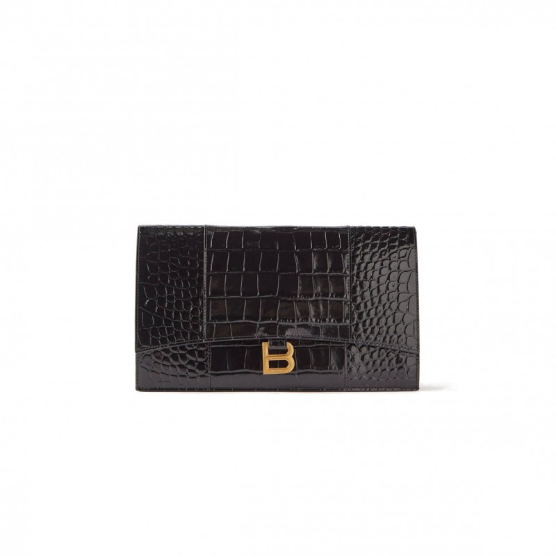 BALENCIAGA BLACK HOURGLASS CROCODILE-EFFECT LEATHER CLUTCH BAG  MATCHESFASHION US (27*16*2cm)