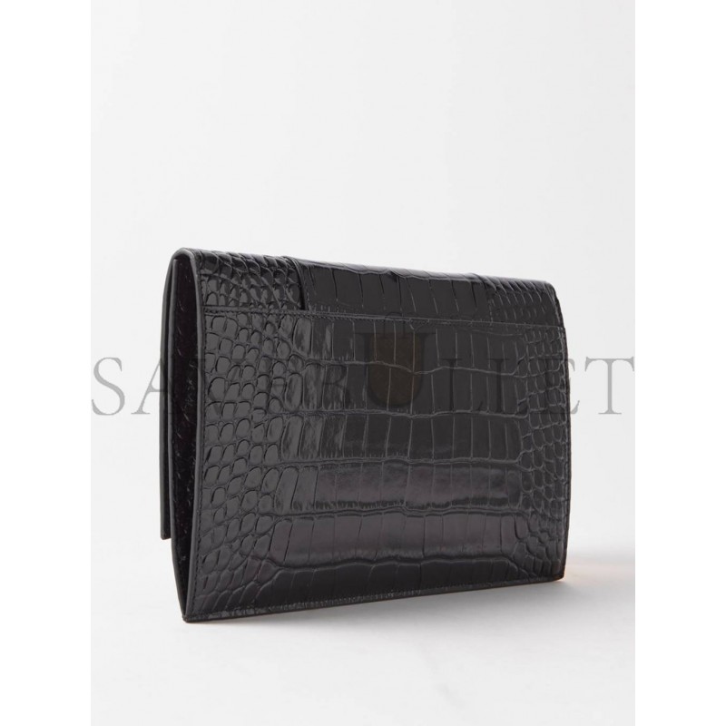 BALENCIAGA BLACK HOURGLASS CROCODILE-EFFECT LEATHER CLUTCH BAG  MATCHESFASHION US (27*16*2cm)