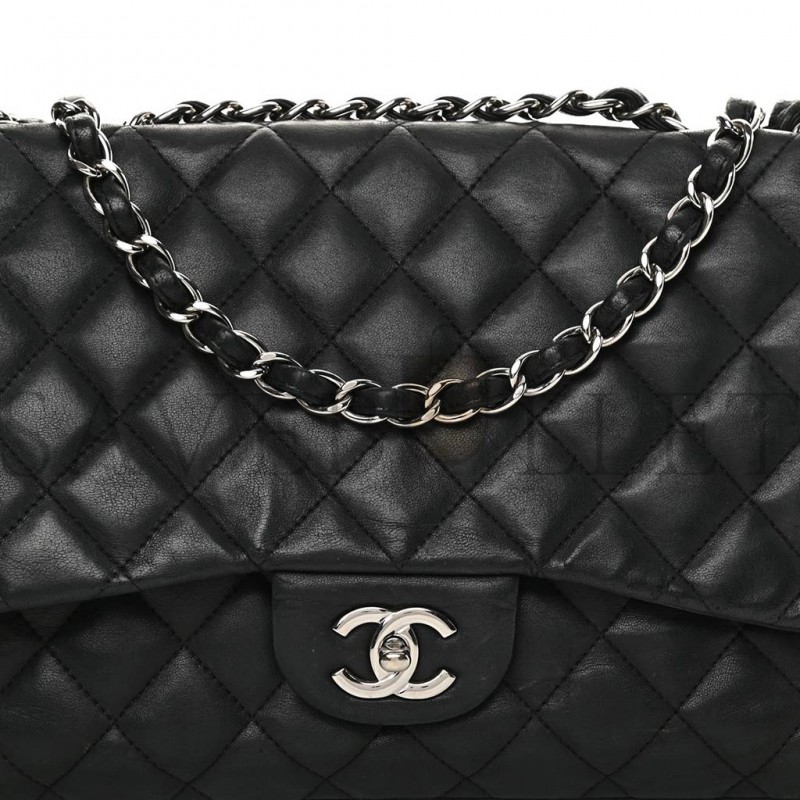 CHANEL LAMBSKIN QUILTED JUMBO SINGLE FLAP BLACK SILVER HARDWARE (30*20*9cm)