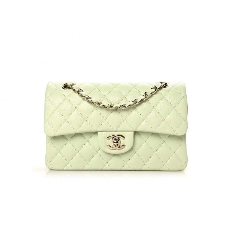 CHANEL CAVIAR QUILTED SMALL DOUBLE FLAP LIGHT GREEN ROSE GOLD HARDWARE (23*14*6cm)