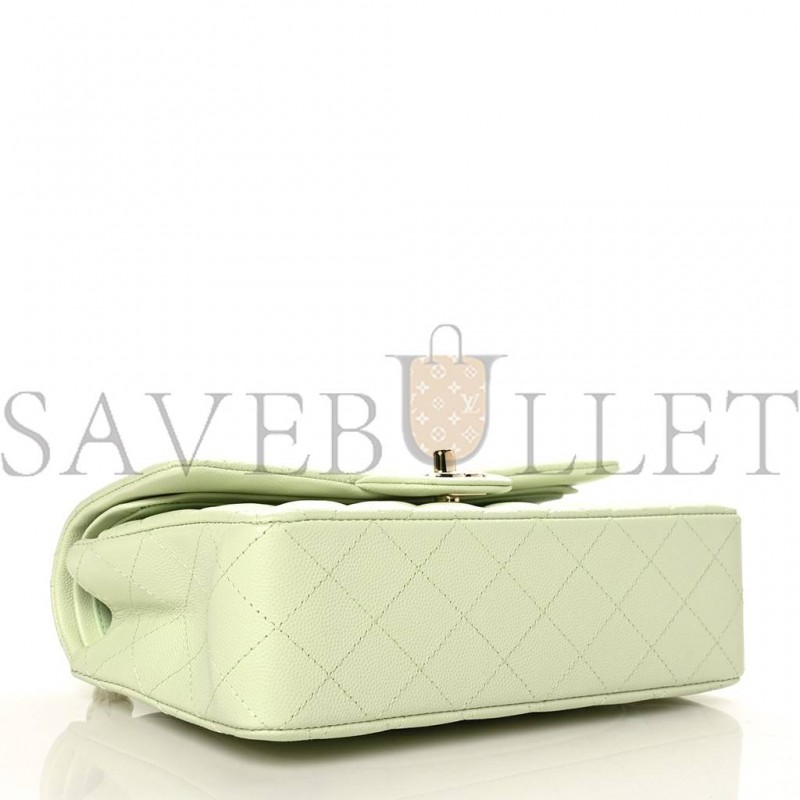 CHANEL CAVIAR QUILTED SMALL DOUBLE FLAP LIGHT GREEN ROSE GOLD HARDWARE (23*14*6cm)